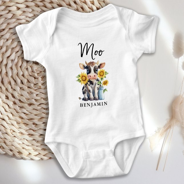 Moo Cute Cow Sunflowers Personalised Farm Animal Baby Bodysuit (Creator Uploaded)
