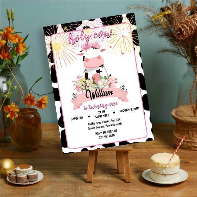 Moo cute floral pink Holy Cow 1st Birthday Invitation (Creator Uploaded)