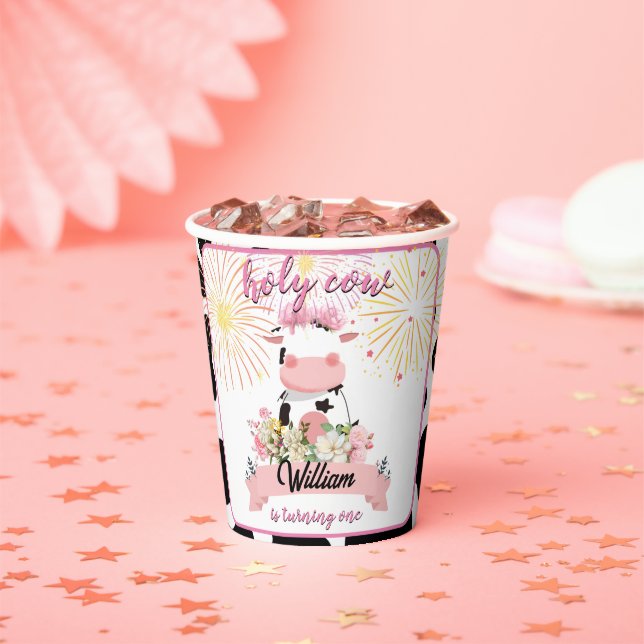 Moo cute floral pink Holy Cow 1st Birthday Paper Cups (Insitu)