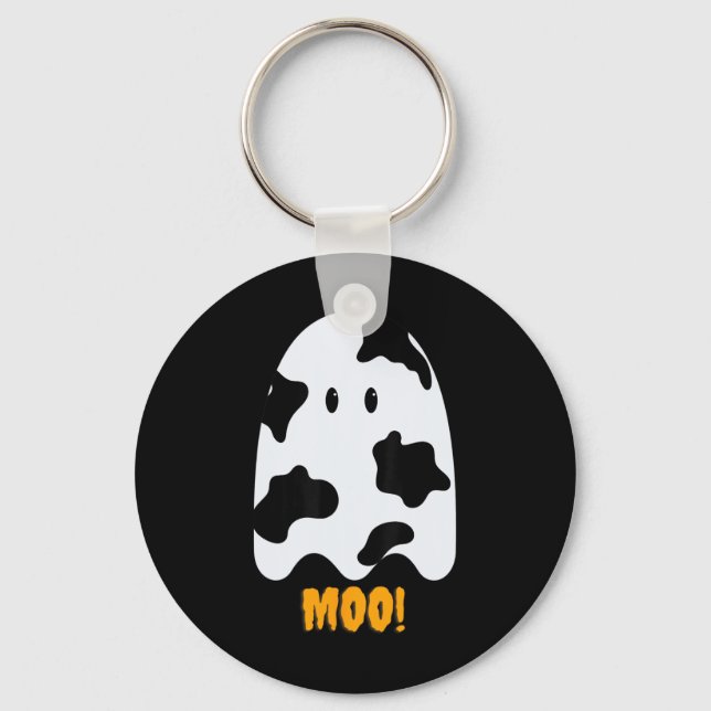Moo! Cute Fun Cow Print Ghost Halloween Tee  Key Ring (Front)