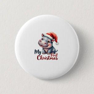 Moo Deng Baby Hippo My First Christmas Cute Santa 6 Cm Round Badge