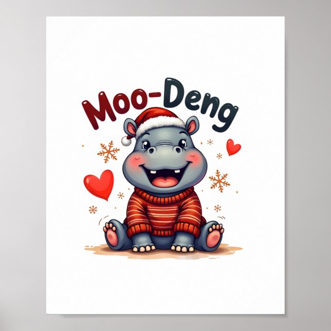 Moo-Deng Christmas Hippo Cute Holiday Cartoon Snow Poster (Front)