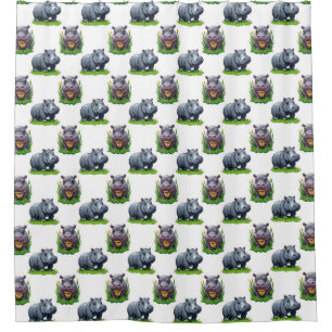 Moo Deng Hippopotamus Animal Pattern Design Shower Curtain