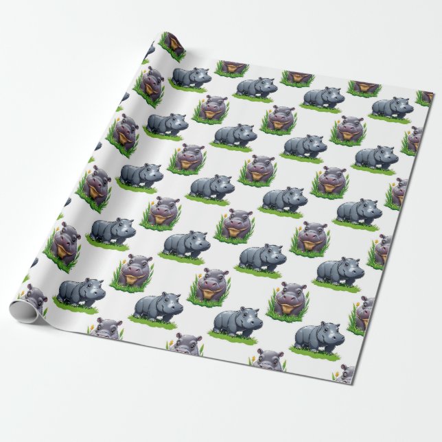 Moo Deng Hippopotamus Animal Pattern Design  Wrapping Paper (Unrolled)