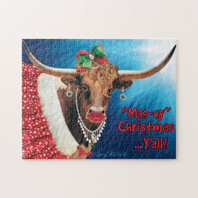 "MOO"-ey Christmas,  Longhorn Cow Jigsaw Puzzle (Horizontal)