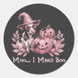 Moo I Mean Boo Witch Cow Pink Pumpkins Classic Round Sticker