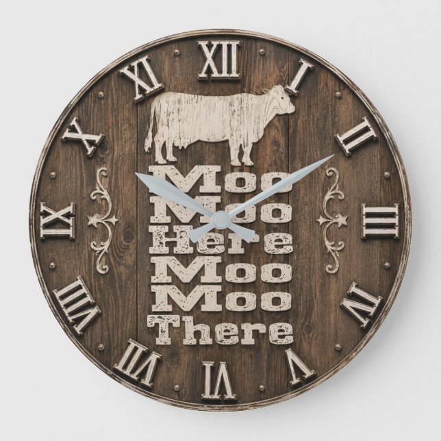 Moo Moo Here Moo Moo There Rustic Farmhouse Cow Large Clock (Front)