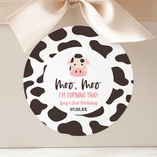 Moo Moo I'm Turning Two Cow 2nd Birthday Party Classic Round Sticker (Creator Uploaded)