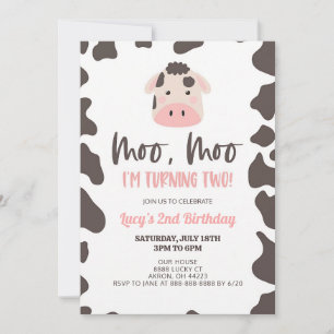 Moo Moo I'm Turning Two Cow Birthday Invitation