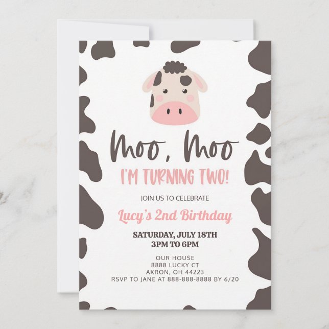 Moo Moo I'm Turning Two Cow Birthday Invitation (Front)