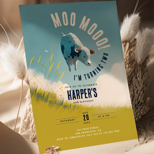 Moo Moo I'm Turning Two Cute 2nd Birthday Invitation (Creator Uploaded)