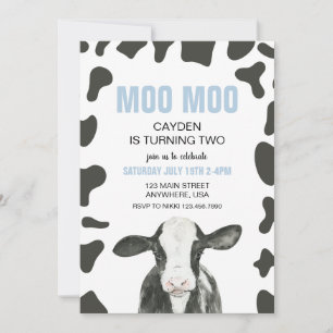 Moo Moo I'm turning TWO Plaid cow 2nd Birthday Invitation