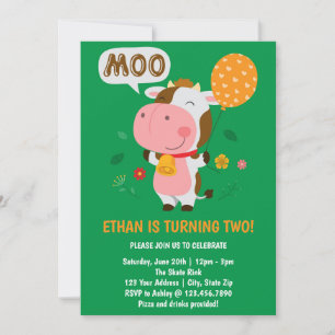 Moo Moo I'm Two Cow 2nd Birthday Party Invitation