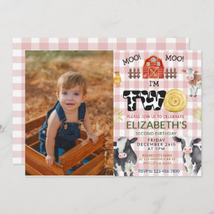 Moo Moo Im Two Cow 2nd Photo Birthday  Invitation
