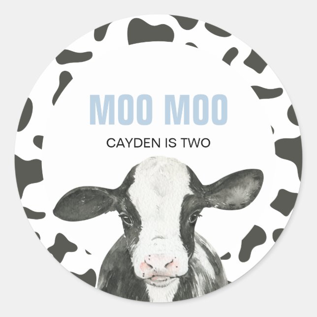 MOO MOO I'm TWO Cow Print 2nd birthday Classic Round Sticker (Front)