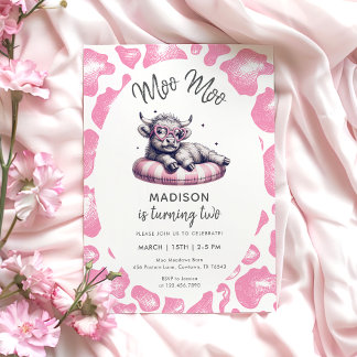 Moo Moo Pink Cute Cow Girl 2nd Birthday Invitation