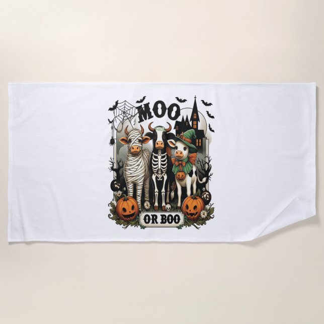 Moo or Boo Halloween Cow Beach Towel (Front)