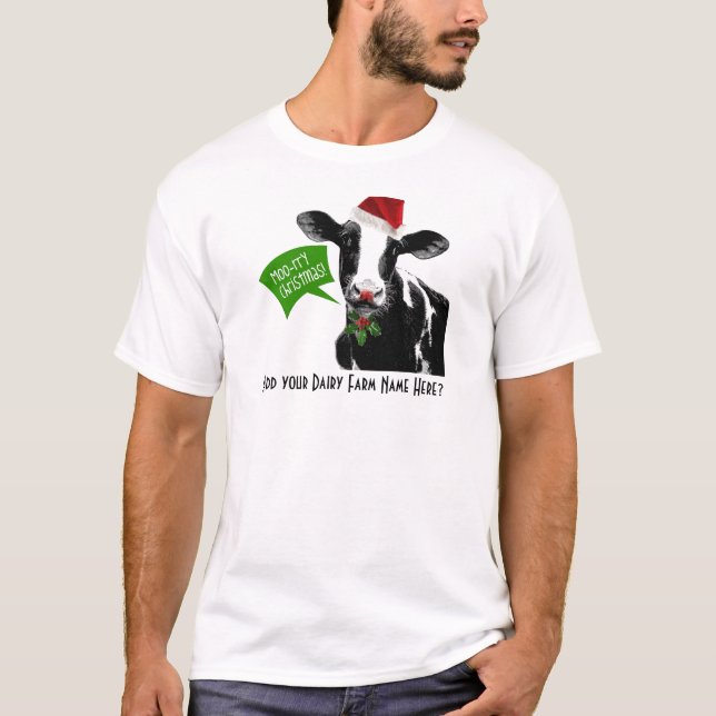 Moo rry Christmas! Funny Holiday Cow in Santa Hat T-Shirt (Front)