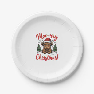 Moo-rry Christmas Highland Cow Vintage Shirt Desig Paper Plate