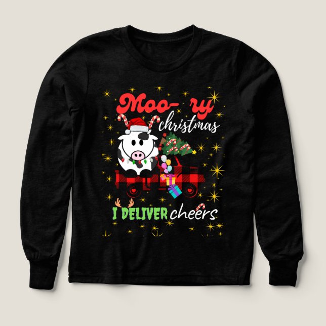 Moo-ry Christmas Cow in Plaid Truck Holiday design (Design Front)