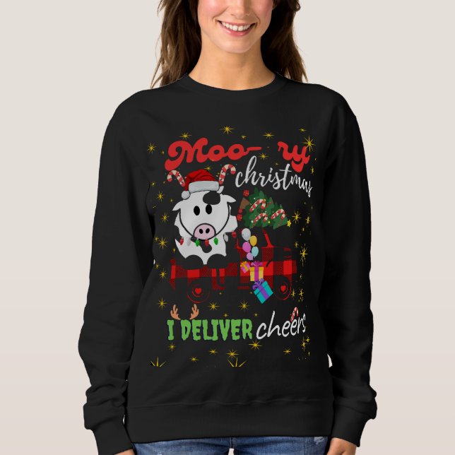 Moo-ry Christmas Cow in Plaid Truck Holiday design Sweatshirt (Front)