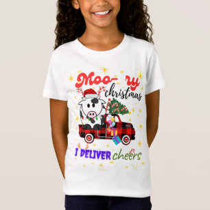 Moo-ry Christmas Cow in Plaid Truck Holiday design T-Shirt