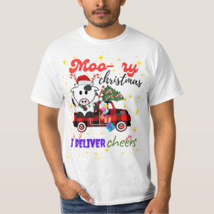 Moo-ry Christmas Cow in Plaid Truck Holiday design T-Shirt
