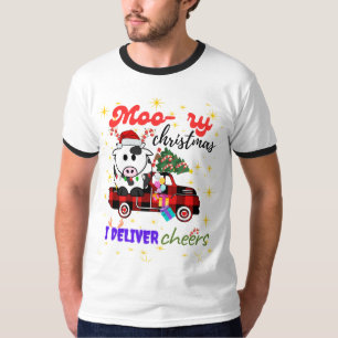 Moo-ry Christmas Cow in Plaid Truck Holiday design T-Shirt