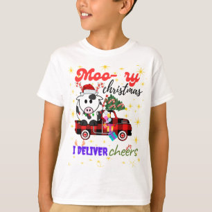 Moo-ry Christmas Cow in Plaid Truck Holiday design T-Shirt