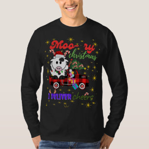 Moo-ry Christmas Cow in Plaid Truck Holiday design T-Shirt