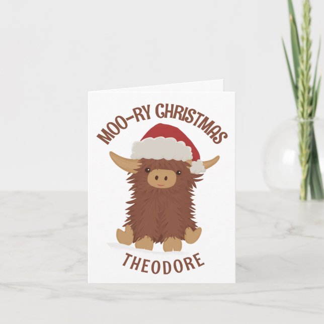 Moo-ry Christmas cute shaggy Highland cow Custom Card (Front)