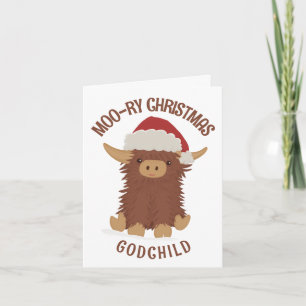 Moo-ry Christmas cute shaggy Highland cow Godchild Card