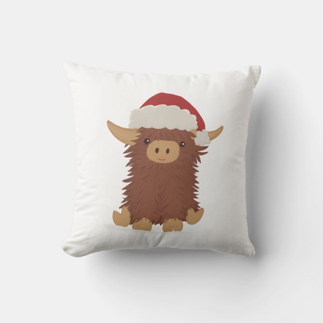Moo-ry Christmas cute shaggy Highland cow Santa Cushion (Front)