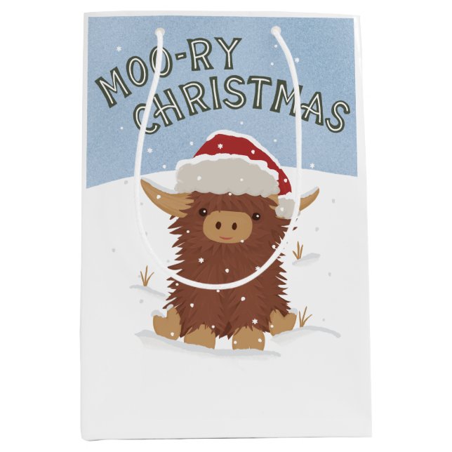 Moo-ry Christmas cute shaggy Highland cow Santa Medium Gift Bag (Front)