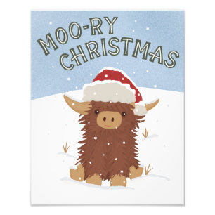 Moo-ry Christmas cute shaggy Highland cow Santa Photo Print
