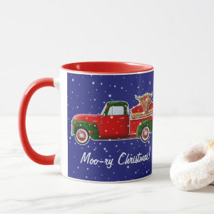 Moo-ry Christmas Highland Cow in Little Red Truck Mug