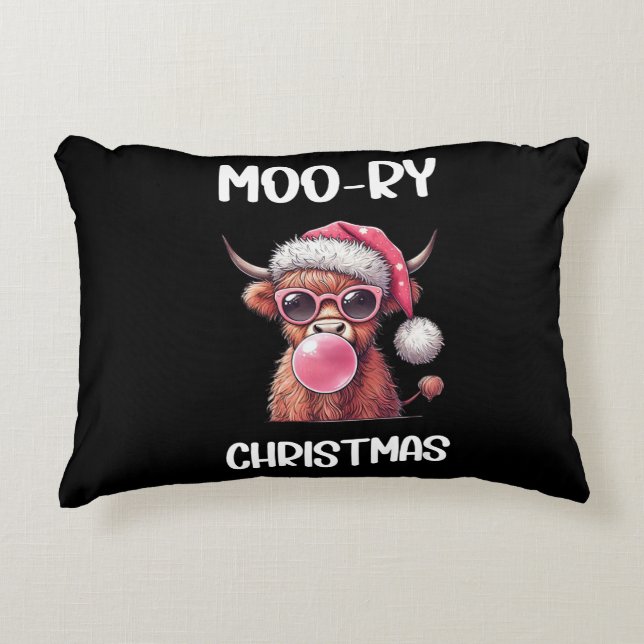 Moo-ry Christmas Scottish Higland Cow Decorative Cushion (Front)