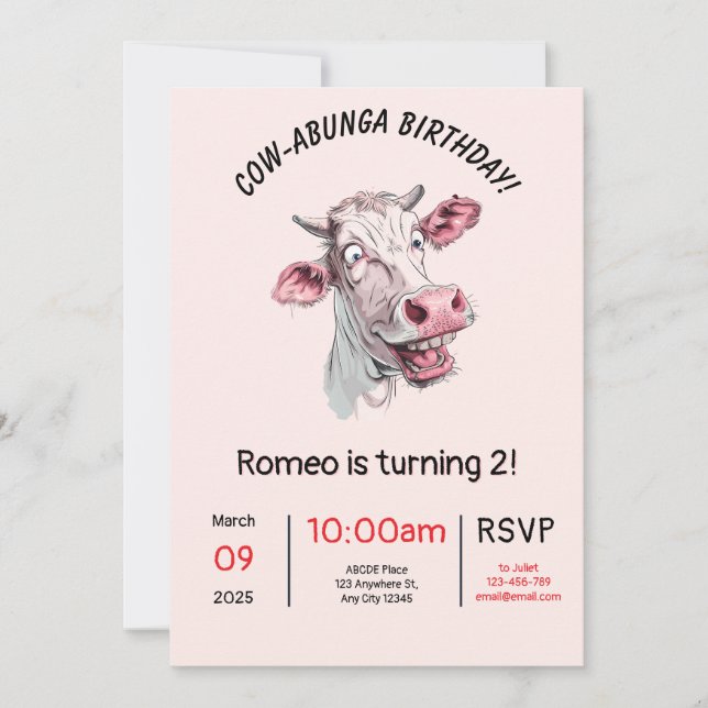 Moo-sterious Grin Birthday Invitation Card (Front)