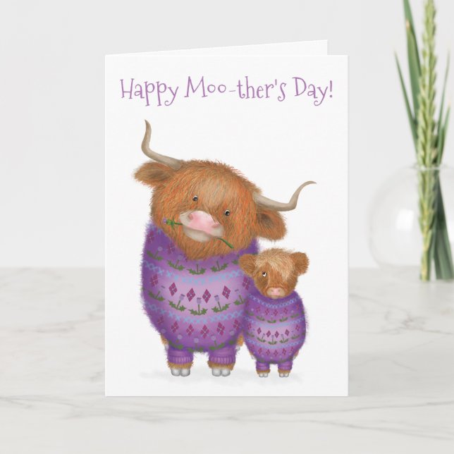 'Moo-ther' & baby Highland cow Mother's Day card (Front)