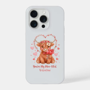 Moo-tiful Valentine Cute Watercolor Highland Cow iPhone 15 Pro Case