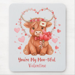 Moo-tiful Valentine Cute Watercolor Highland Cow Mouse Pad
