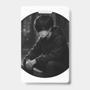 Moody Aesthetic Boy in Hoodie Round Keychain ID Badge