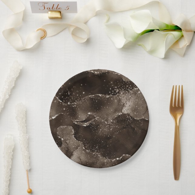 Moody Agate | Coffee Brown Golden Bronze Taupe Paper Plate (Wedding)