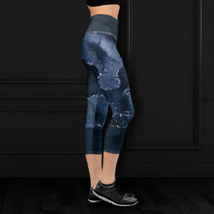 Moody Agate Navy Denim Steel Blue Faux Glitter Capri Leggings