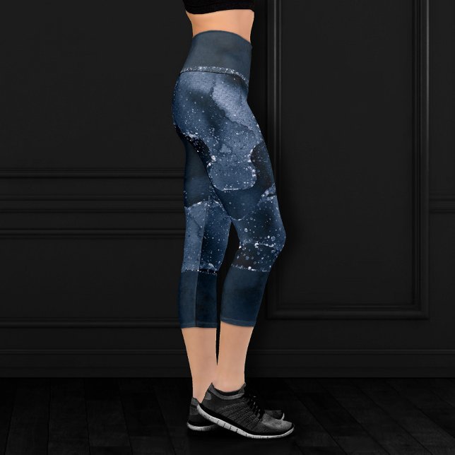 Moody Agate | Navy Denim Steel Blue Faux Glitter Capri Leggings (Creator Uploaded)