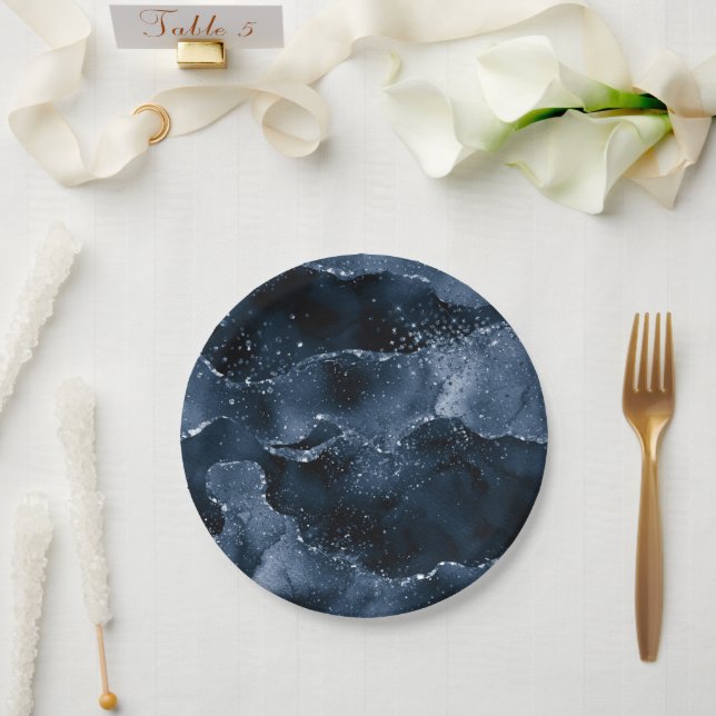 Moody Agate | Navy Denim Steel Blue Faux Glitter Paper Plate (Wedding)