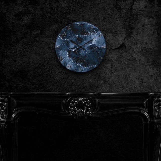 Moody Agate | Navy Denim Steel Blue Faux Glitter Round Clock (Creator Uploaded)