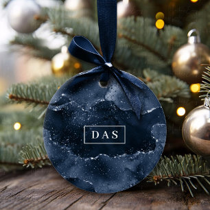 Moody Agate   Navy Denim Steel Blue Monogram Ceramic Tree Decoration