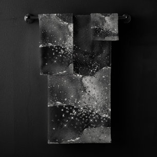 Moody Agate   Onyx Black Silver Vampy Goth Glitter Bath Towel Set
