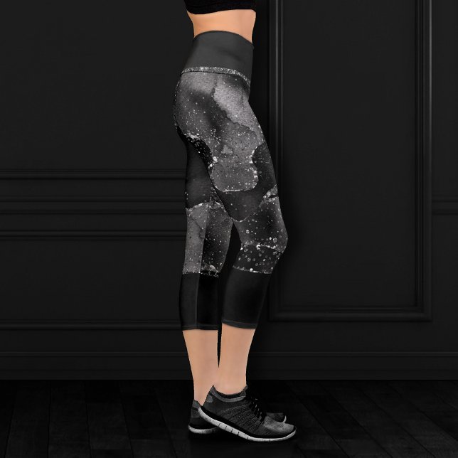 Moody Agate | Onyx Black Silver Vampy Goth Glitter Capri Leggings (Creator Uploaded)